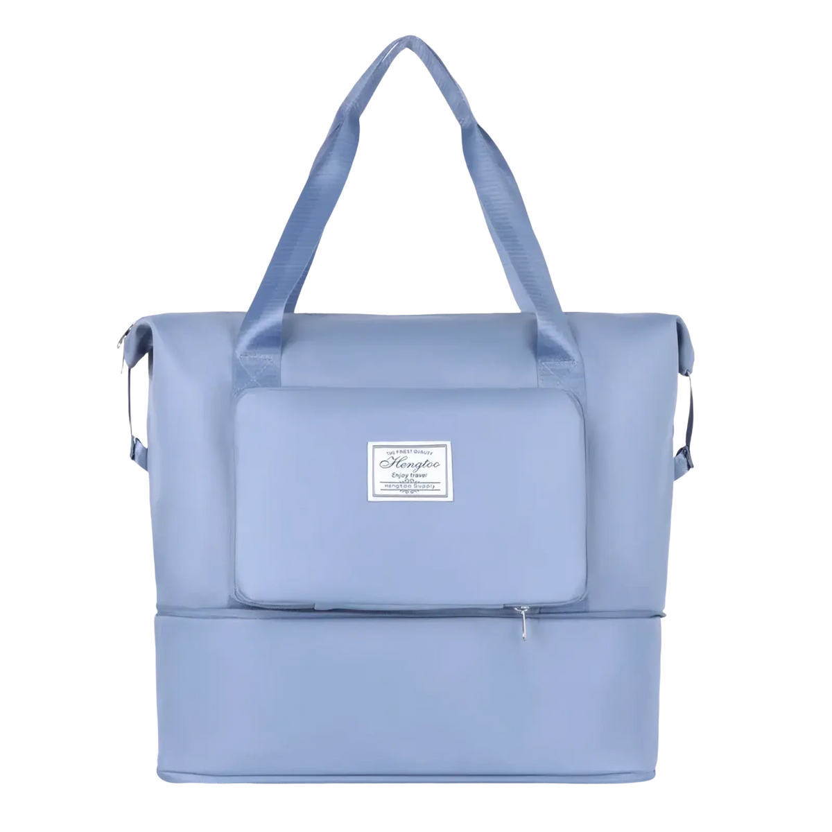 Light blue waterproof foldable travel duffel bag with two tiers fabric handles and front pocket with white label