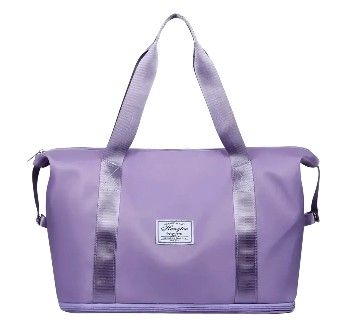 Waterproof foldable purple Hengtuo travel duffel bag with reinforced silver-striped handles and branded front patch