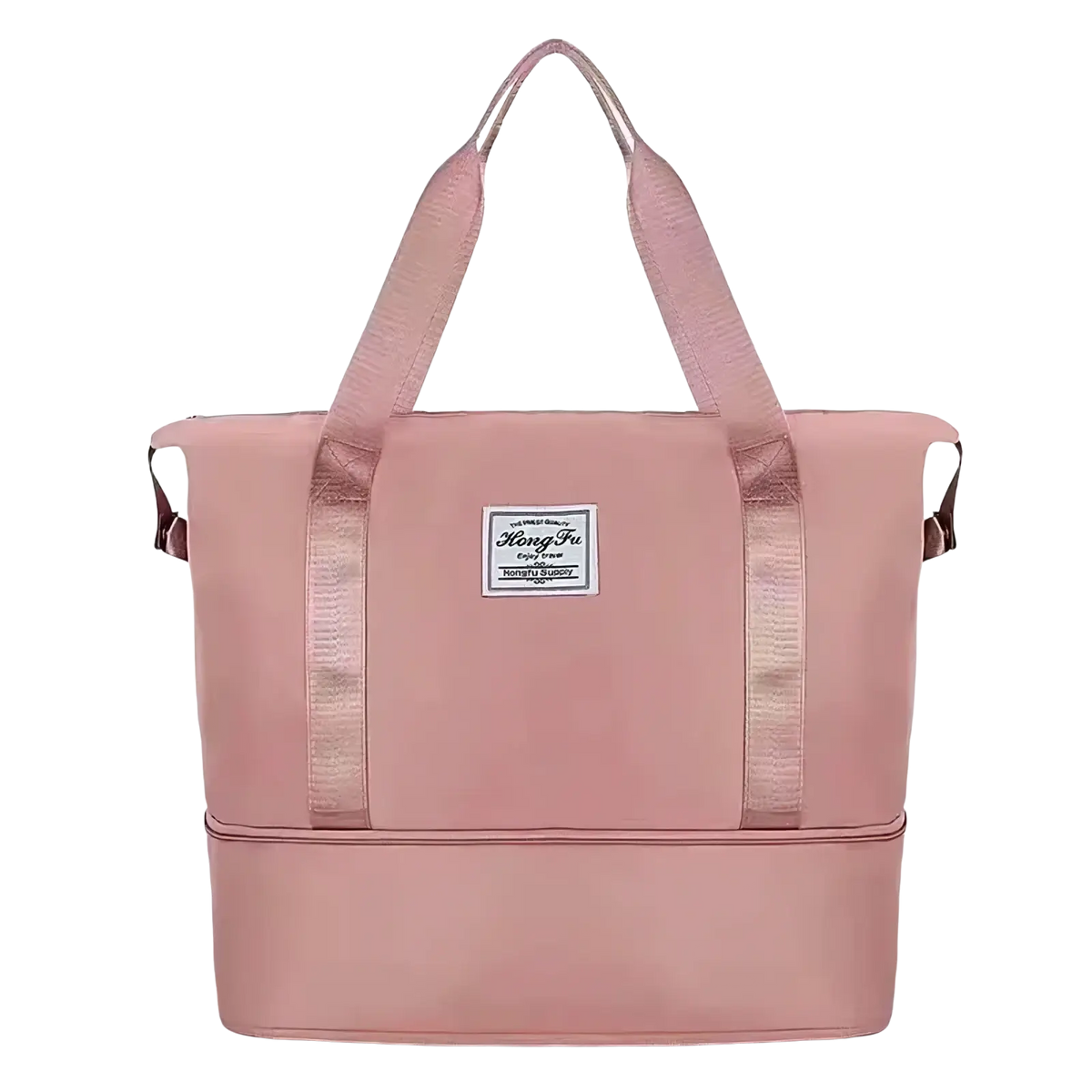 A soft pink lightweight waterproof foldable travel duffel bag with reinforced handles and a subtle front brand patch