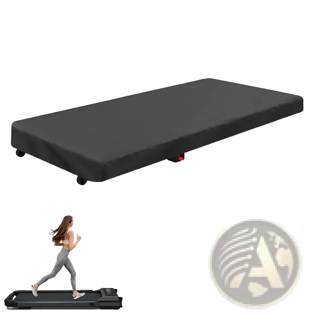 Black fabric-covered waterproof folding treadmill cover with wheels and red adjustment knobs for dust protection