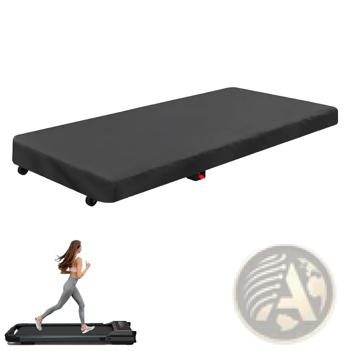 Black fabric-covered waterproof folding treadmill cover with wheels and red adjustment knobs for dust protection