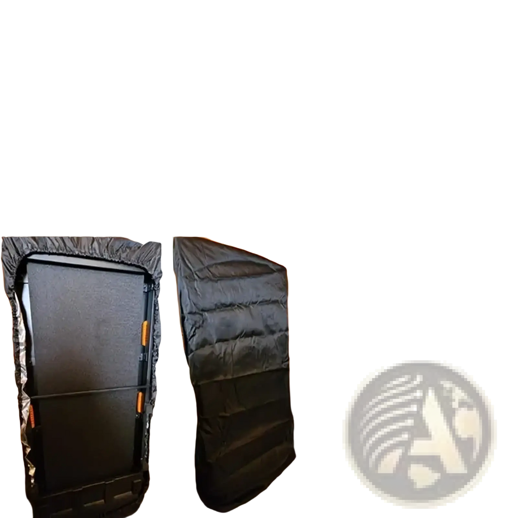 Black padded waterproof folding treadmill cover with elasticated edges and orange zipper pulls for dust protection