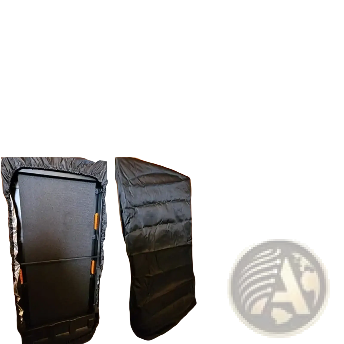 Black padded waterproof folding treadmill cover with elasticated edges and orange zipper pulls for dust protection
