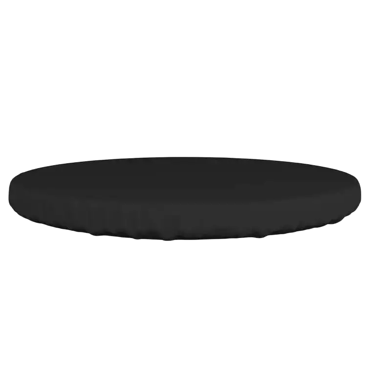Black circular cushion with plush texture and raised edges for garden table covers made of waterproof oxford cloth