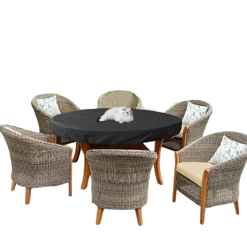 Black round waterproof garden table cover made of durable oxford cloth for use as garden table covers