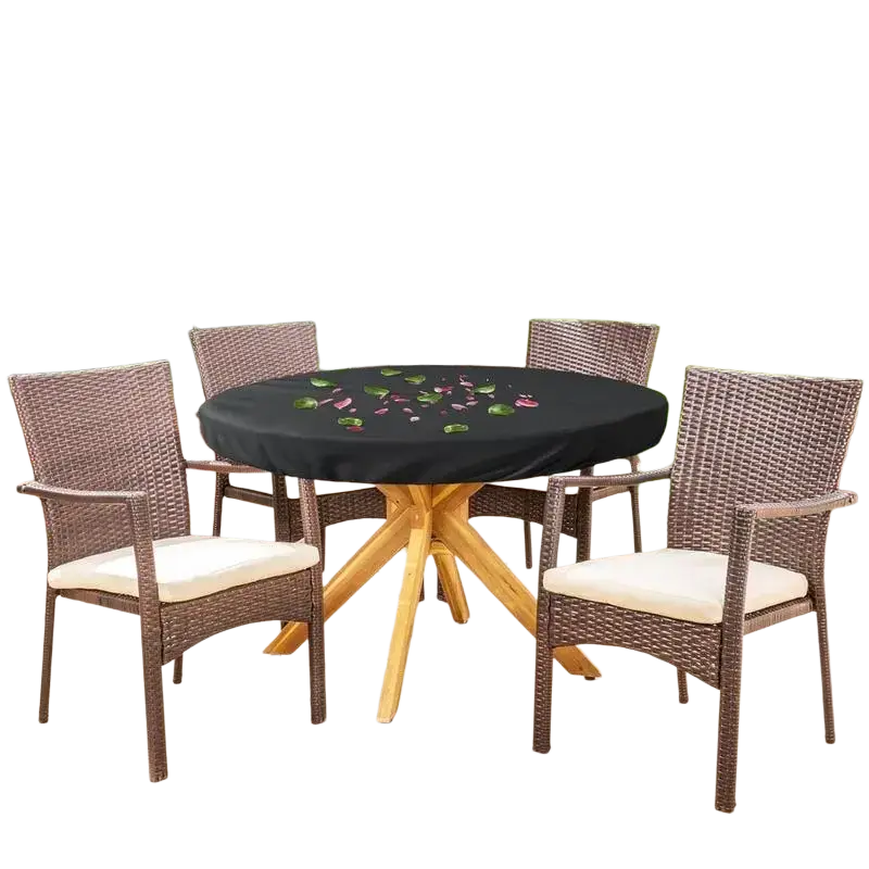 Black round waterproof garden table cover in oxford cloth with green leaf and pink petal design for outdoor use