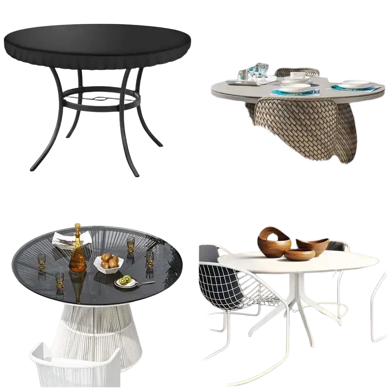 Black round patio garden table with curved metal legs and cushioned top featuring waterproof oxford cloth table covers
