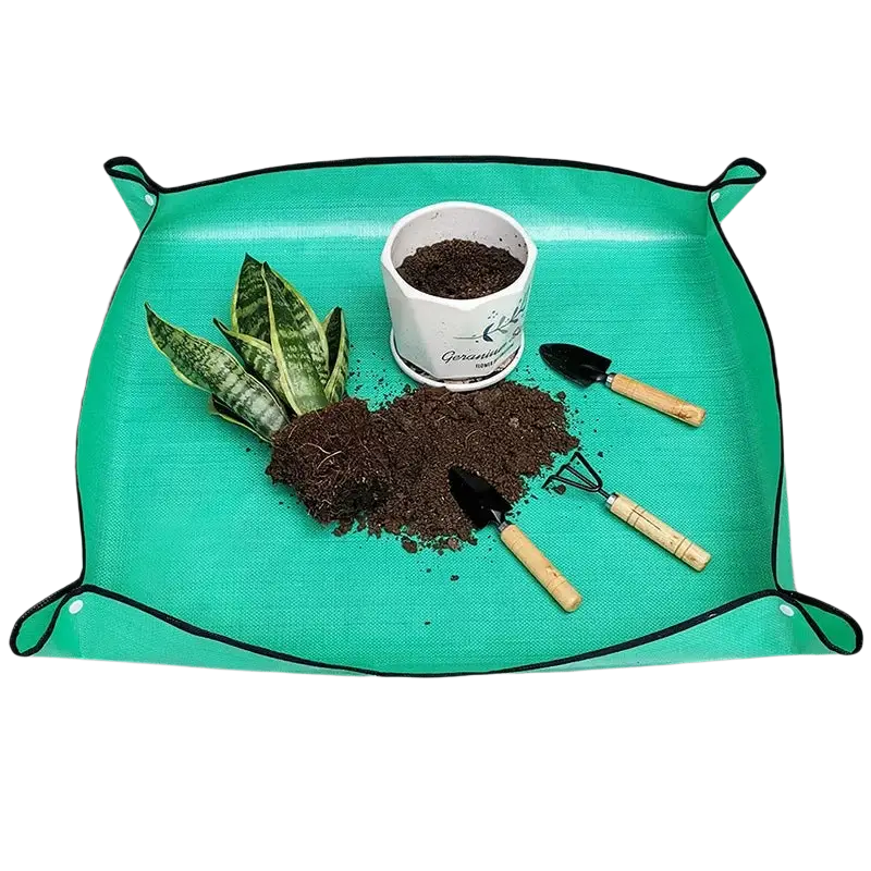 Waterproof green gardening repotting mat with black trim and reinforced corners 50x50cm for durable outdoor use