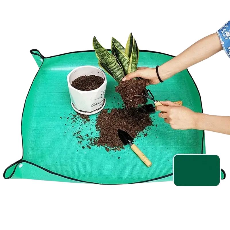Waterproof gardening repotting mat 50x50cm green pe garden floor mat with black trim and handles for easy carrying