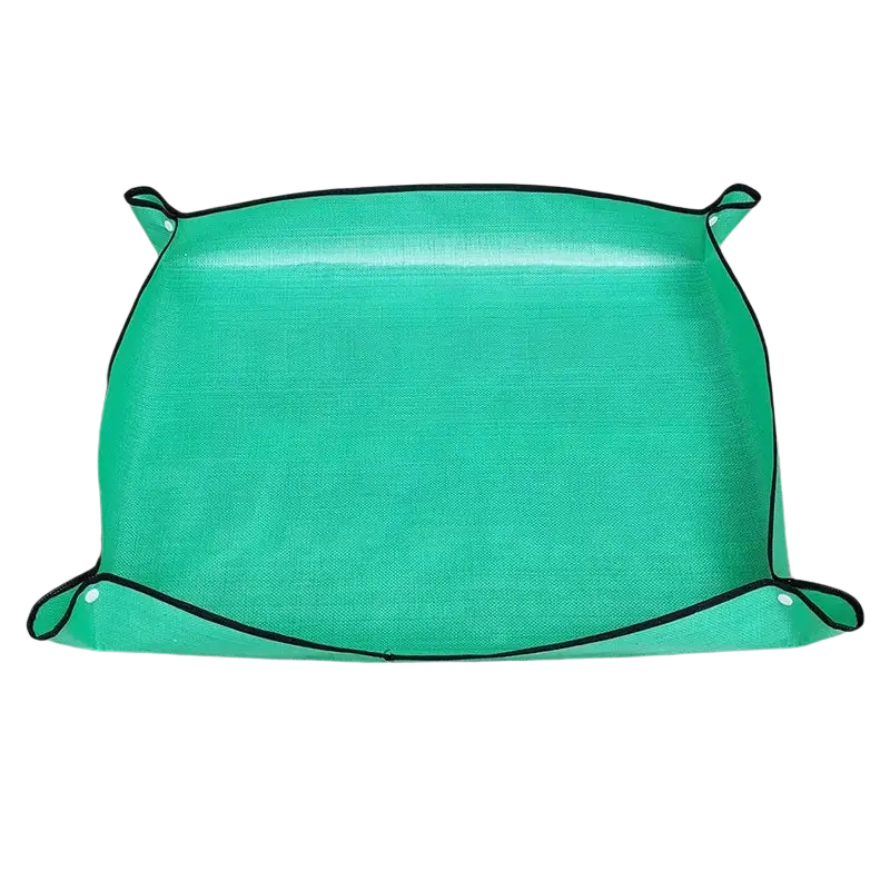 Waterproof green rectangular gardening repotting mat with black reinforced edges and corner loops 50x50cm