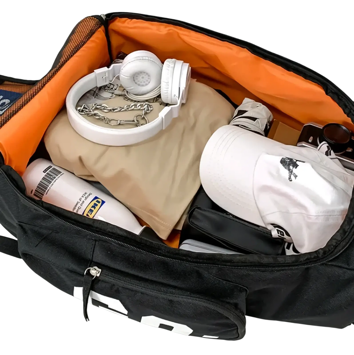 Black waterproof gym backpack and travel duffel bag with orange interior lining and white lettering on the side