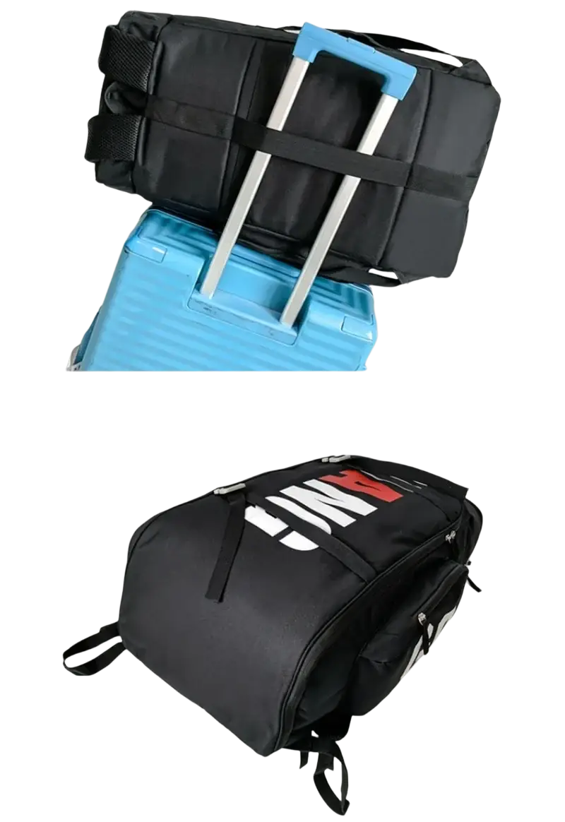 Black waterproof gym backpack with bold red and white lettering designed for travel and sports use