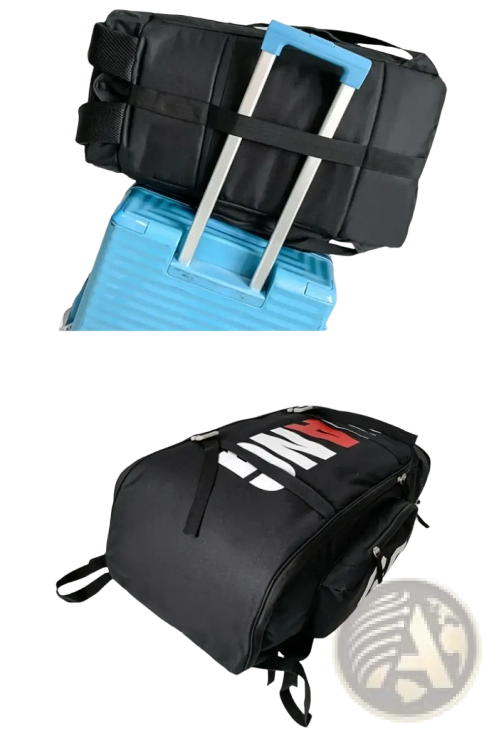 Black waterproof gym backpack with bold red and white lettering designed for travel and sports use
