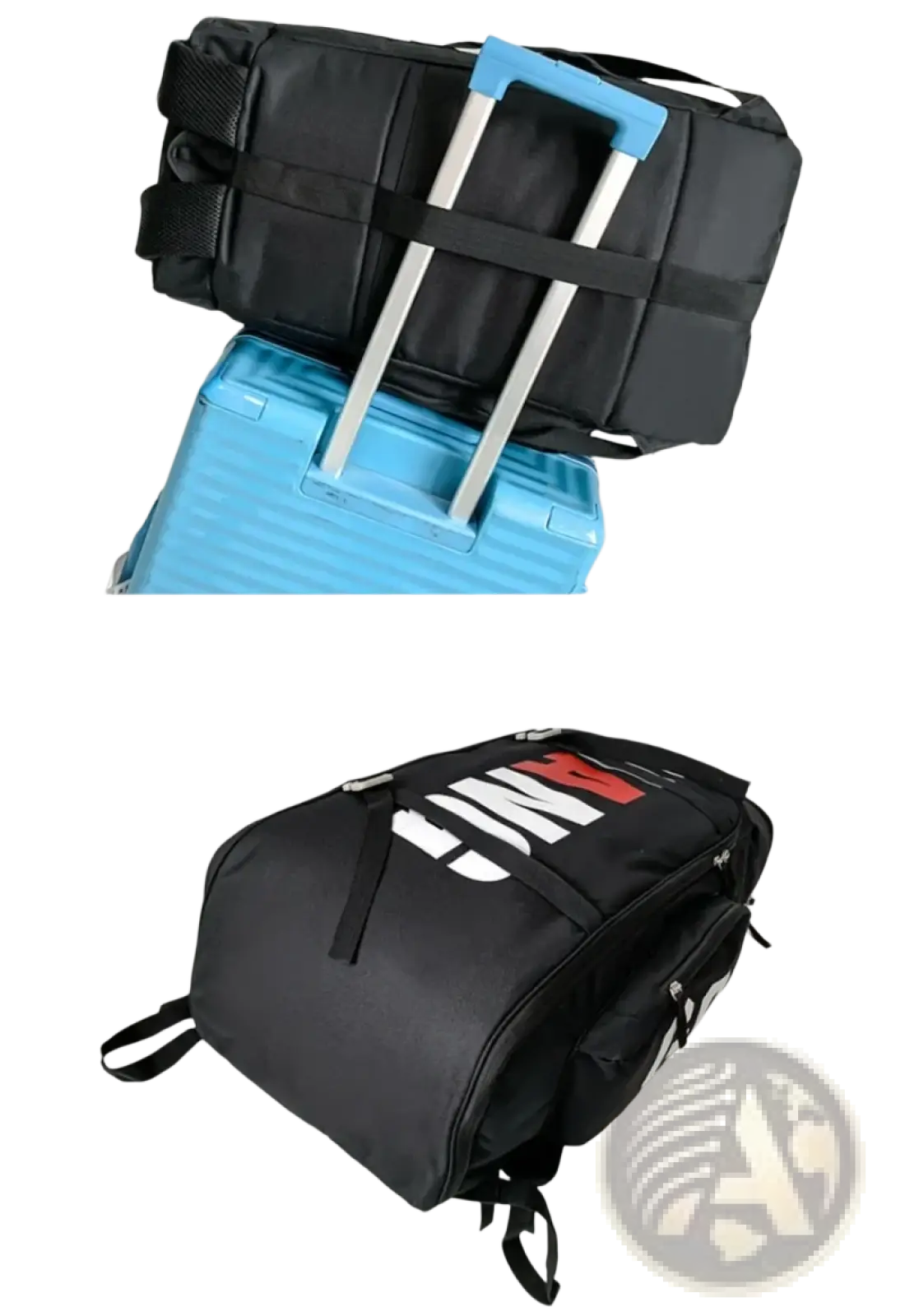 Black waterproof gym backpack with bold red and white lettering designed for travel and sports use