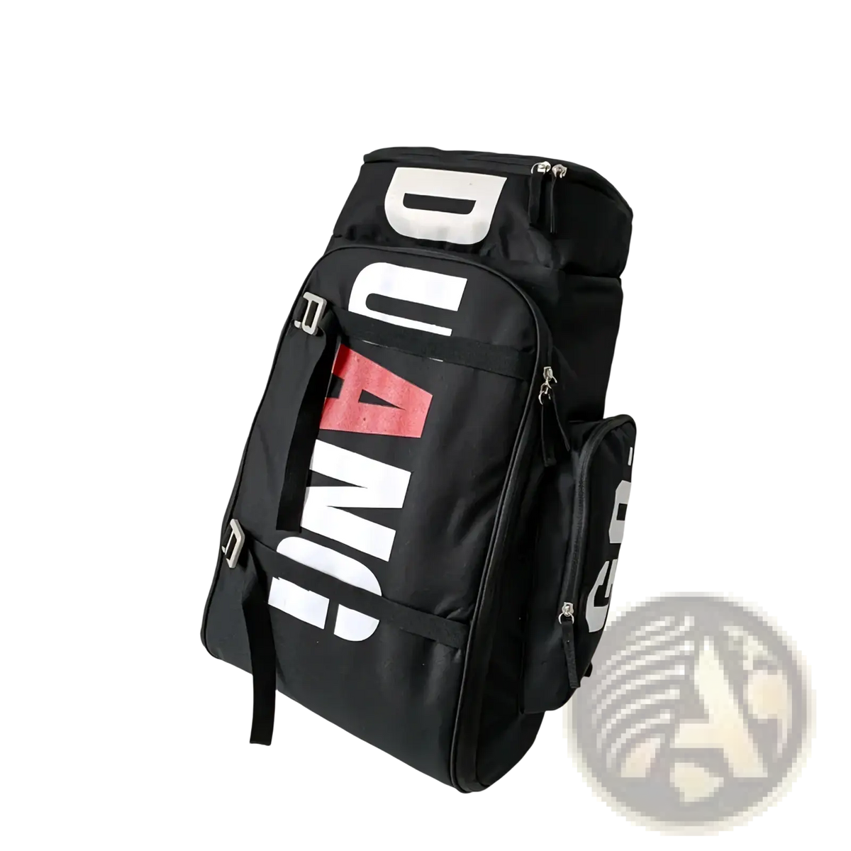 Black waterproof gym backpack and travel duffel bag with bold white and red Dunlop lettering multiple zippers adjustable straps