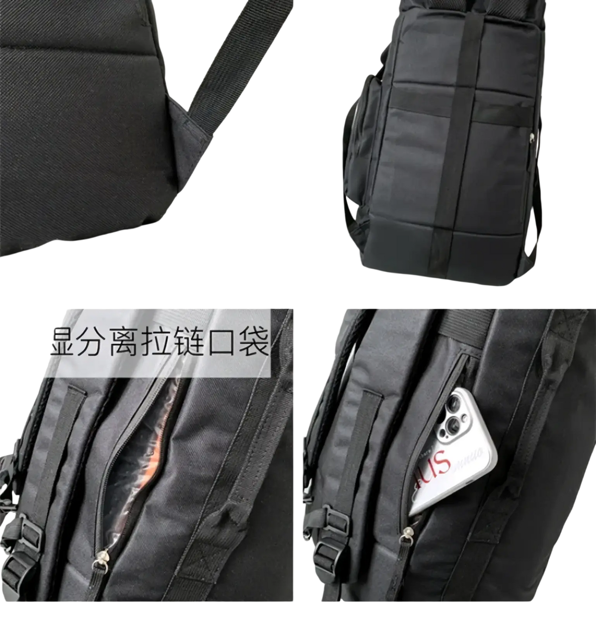 Black nylon waterproof gym backpack with multiple compartments and adjustable straps for travel and daily use