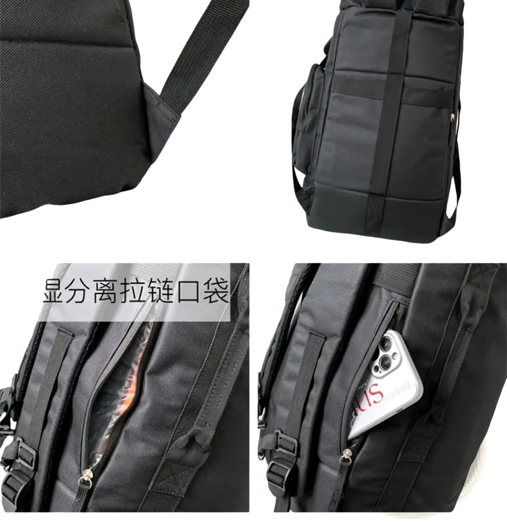 Black nylon waterproof gym backpack with multiple compartments and adjustable straps for travel and daily use