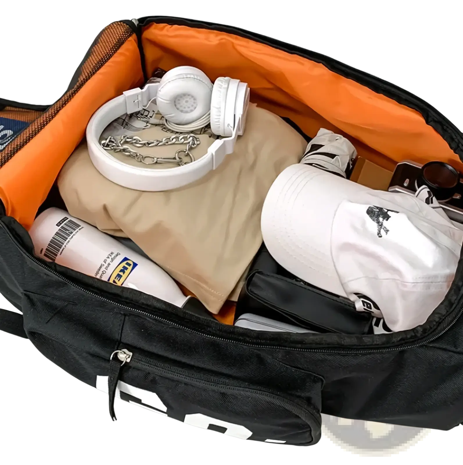 Black waterproof gym backpack and travel duffel bag with orange interior lining and white lettering on the side