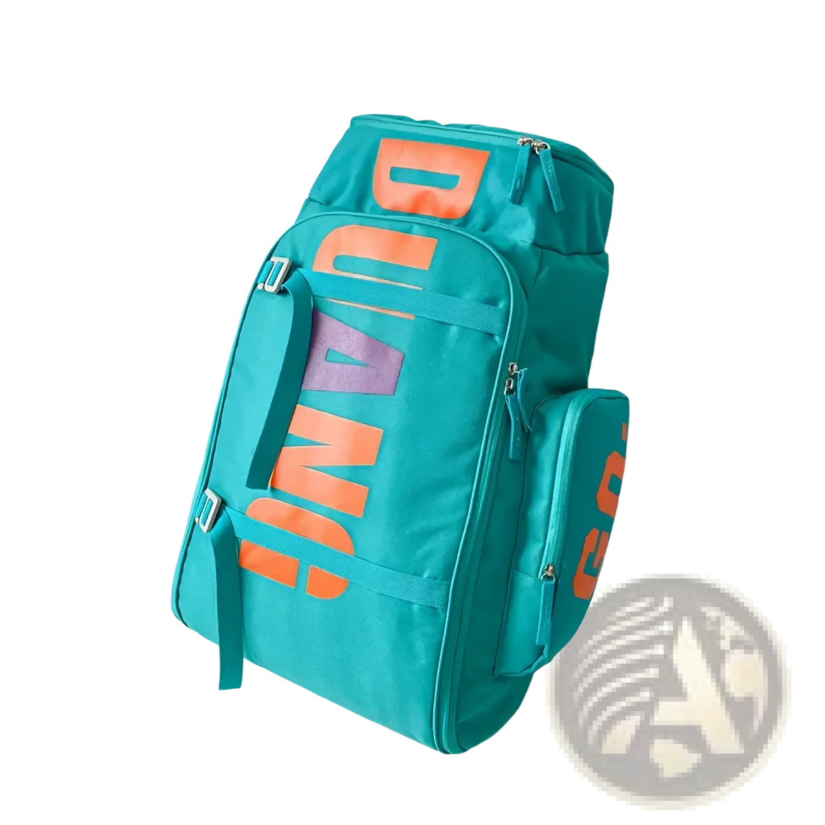 Teal and orange Dunlop waterproof gym backpack and travel duffel bag with multiple zippers and side pockets