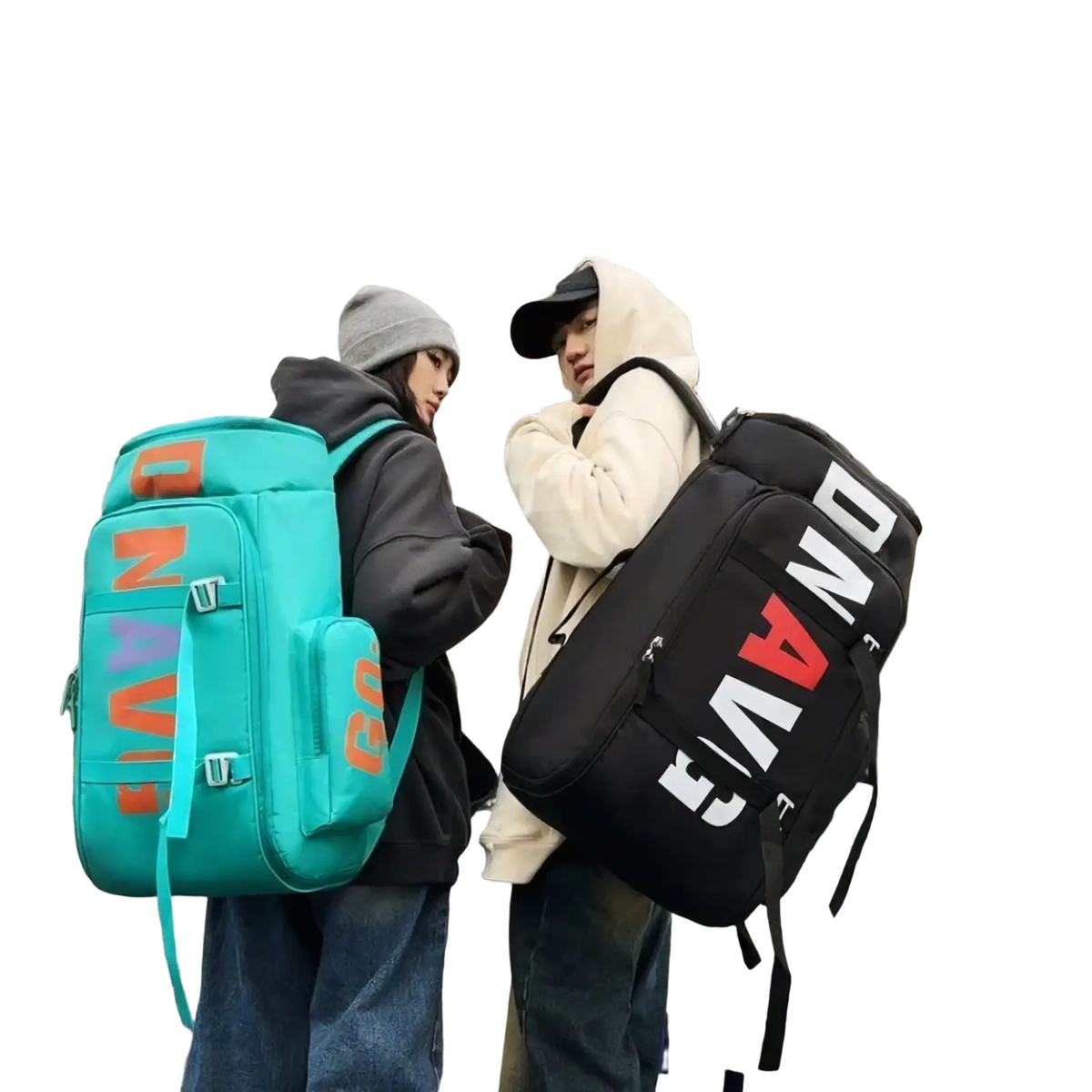 Teal and orange dav branded waterproof gym backpack and travel duffel bag with bold lettering on a padded exterior