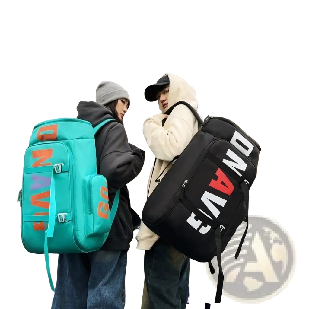 Teal and orange dav branded waterproof gym backpack and travel duffel bag with bold lettering on a padded exterior