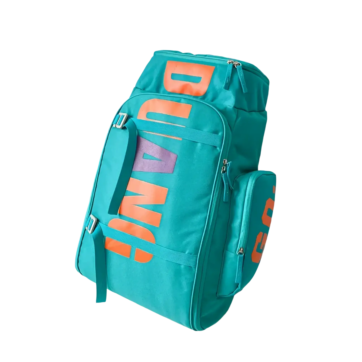 Teal and orange Dunlop waterproof gym backpack and travel duffel bag with multiple zippers and side pockets