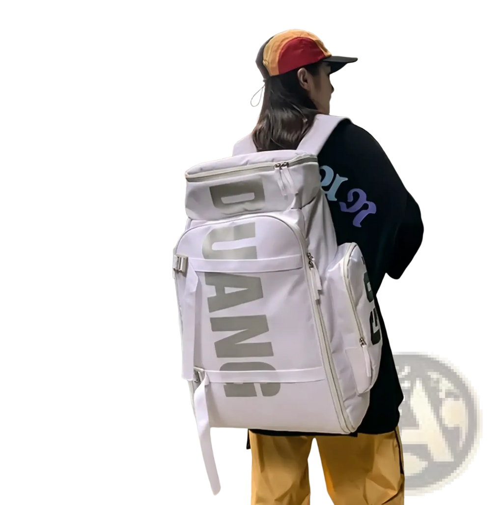 White dang branded waterproof gym backpack with bold gray lettering and multiple zippers for travel and sports use