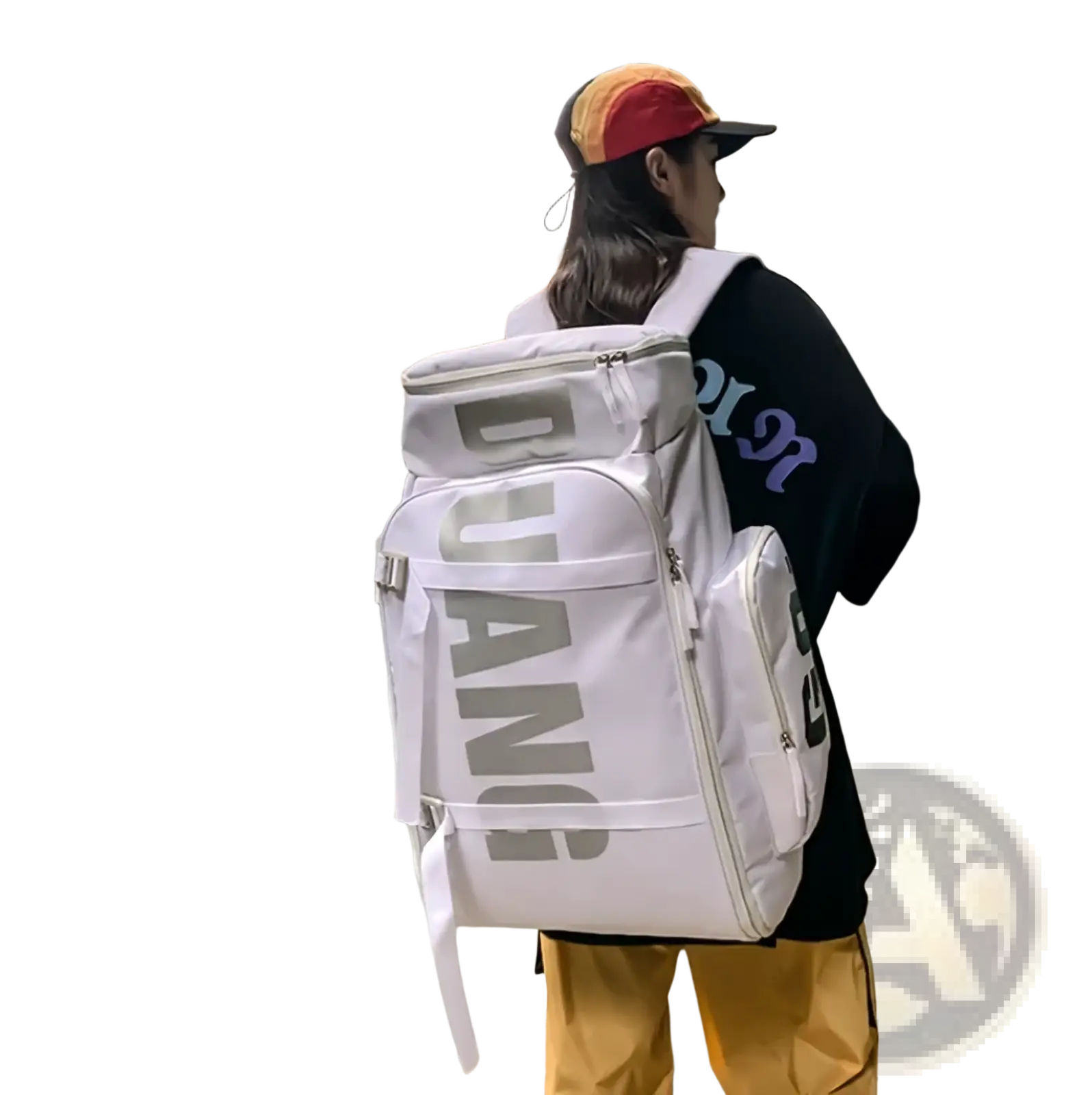 White dang branded waterproof gym backpack with bold gray lettering and multiple zippers for travel and sports use
