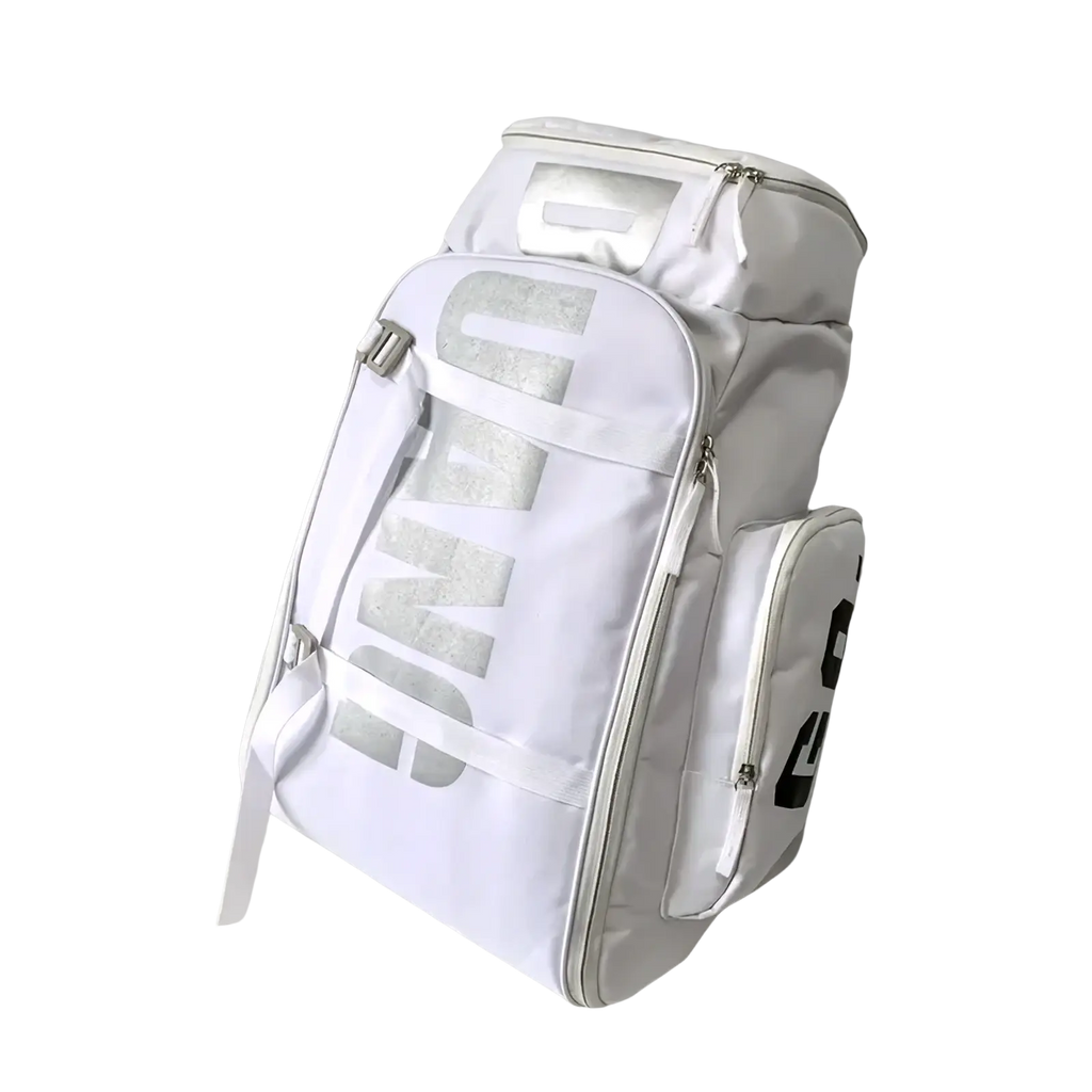 White puma waterproof gym backpack and travel duffel bag with bold silver and black lettering on durable fabric surface