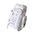 White puma waterproof gym backpack and travel duffel bag with bold silver and black lettering on durable fabric surface