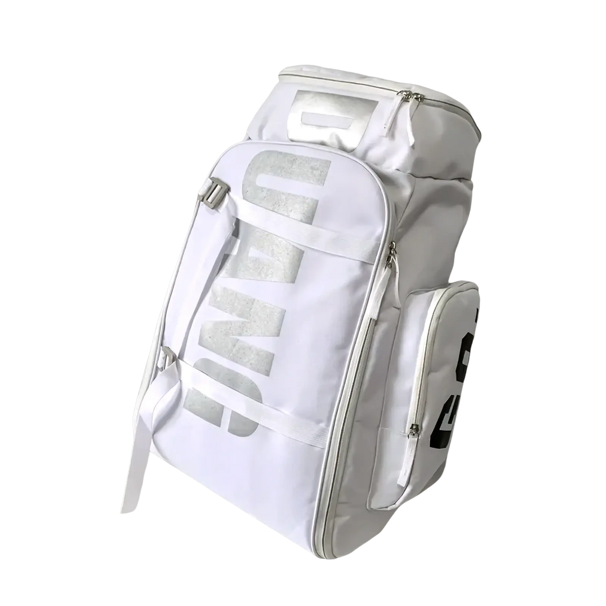 White puma waterproof gym backpack and travel duffel bag with bold silver and black lettering on durable fabric surface