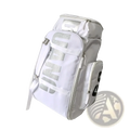 White puma waterproof gym backpack and travel duffel bag with bold silver and black lettering on durable fabric surface