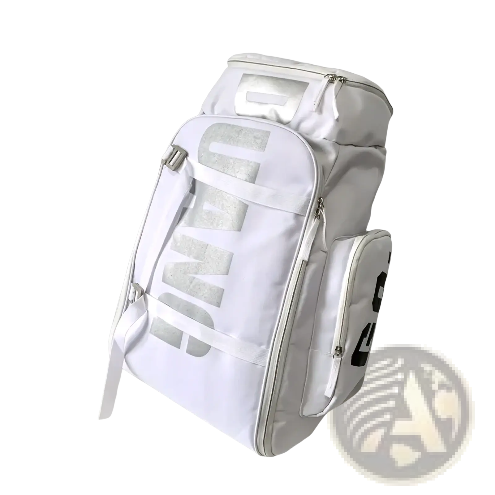White puma waterproof gym backpack and travel duffel bag with bold silver and black lettering on durable fabric surface