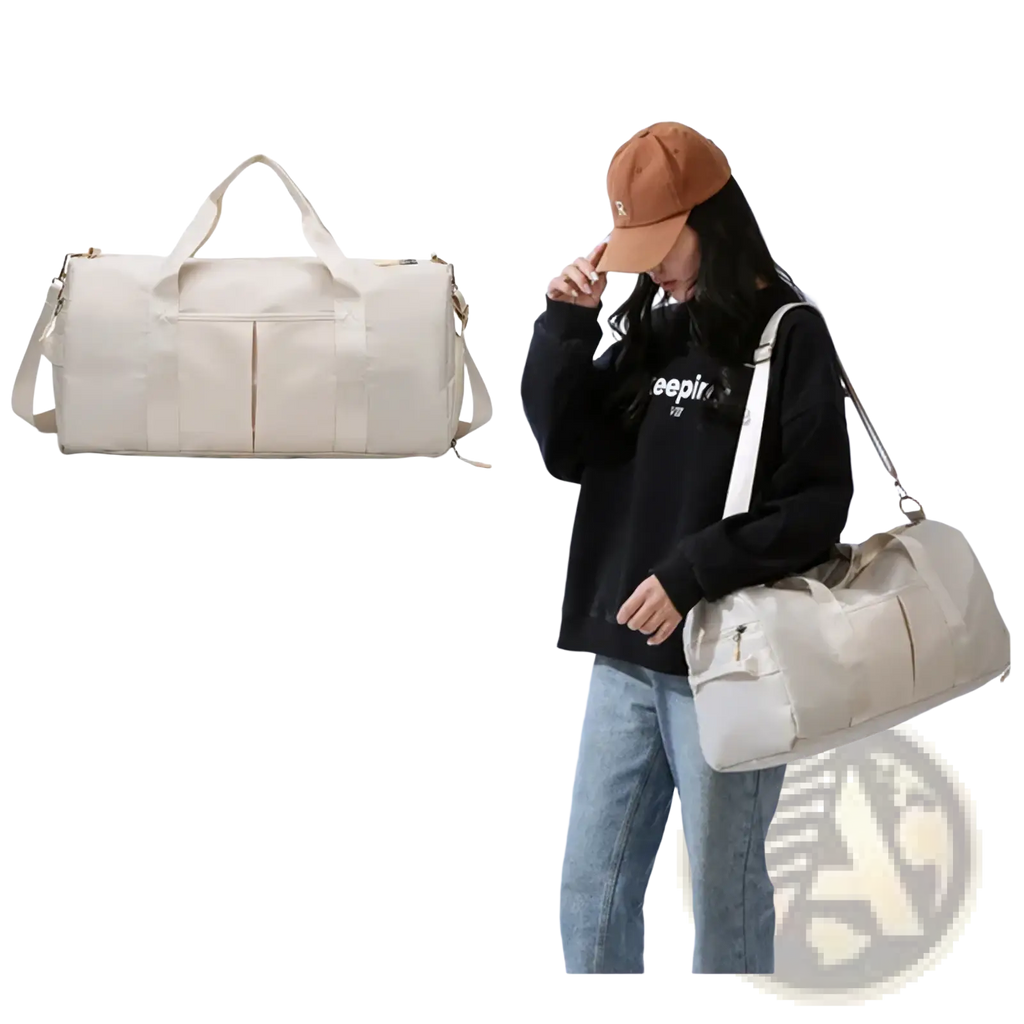 Beige canvas waterproof gym duffel bag with dual top handles, detachable shoulder strap, and shoe compartment