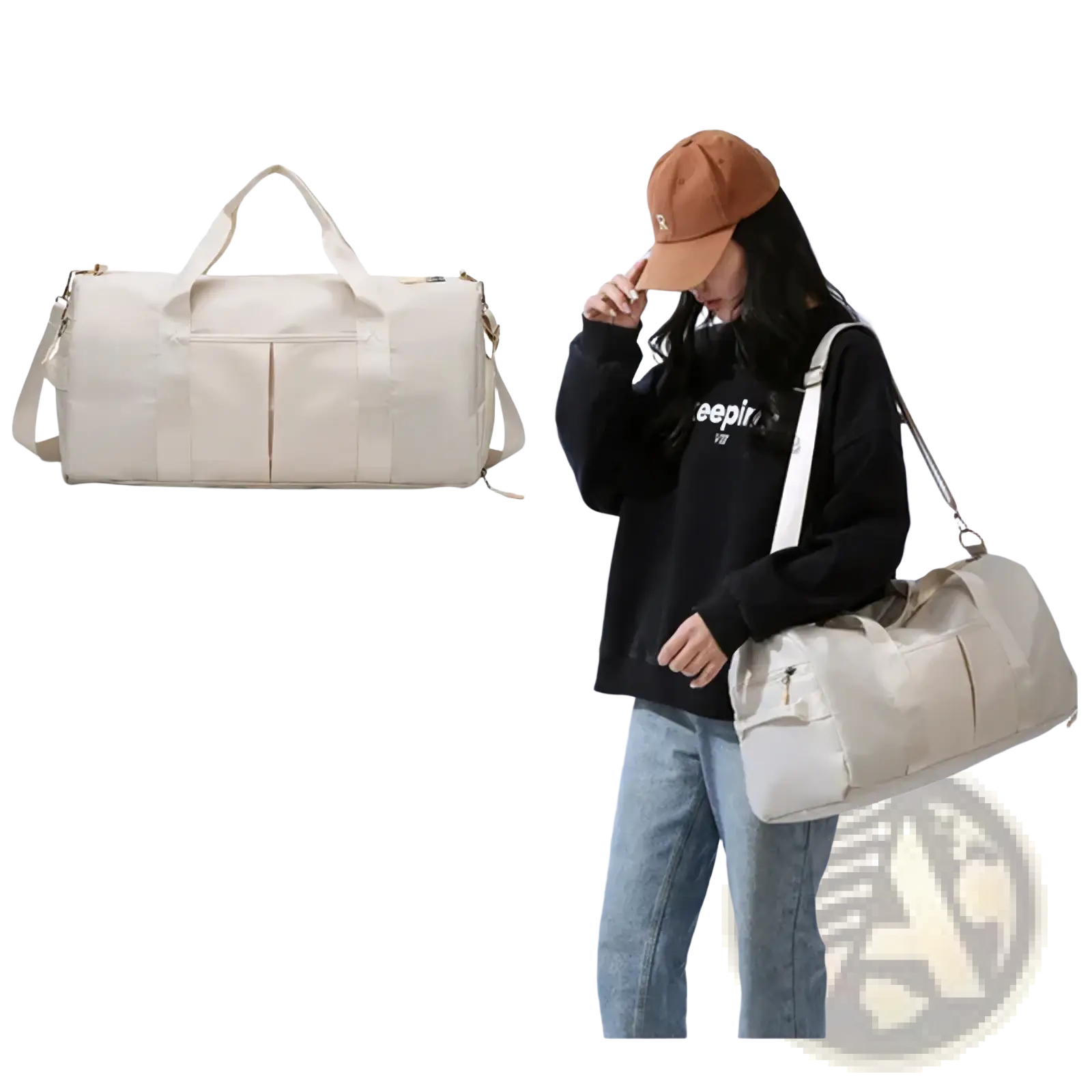 Beige canvas waterproof gym duffel bag with dual top handles, detachable shoulder strap, and shoe compartment