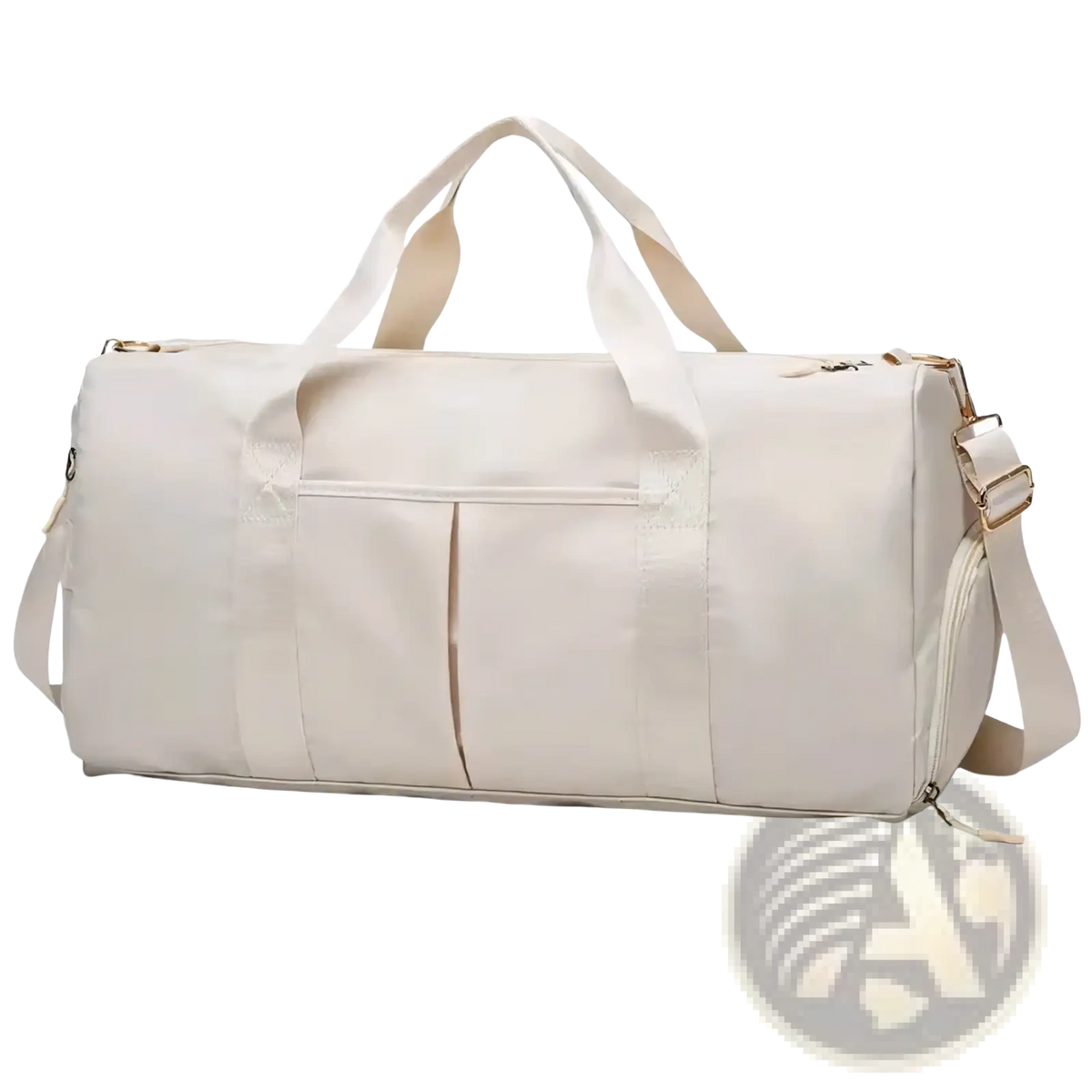 Cream-colored canvas waterproof gym bag with shoe compartment gold-tone hardware and dual top handles