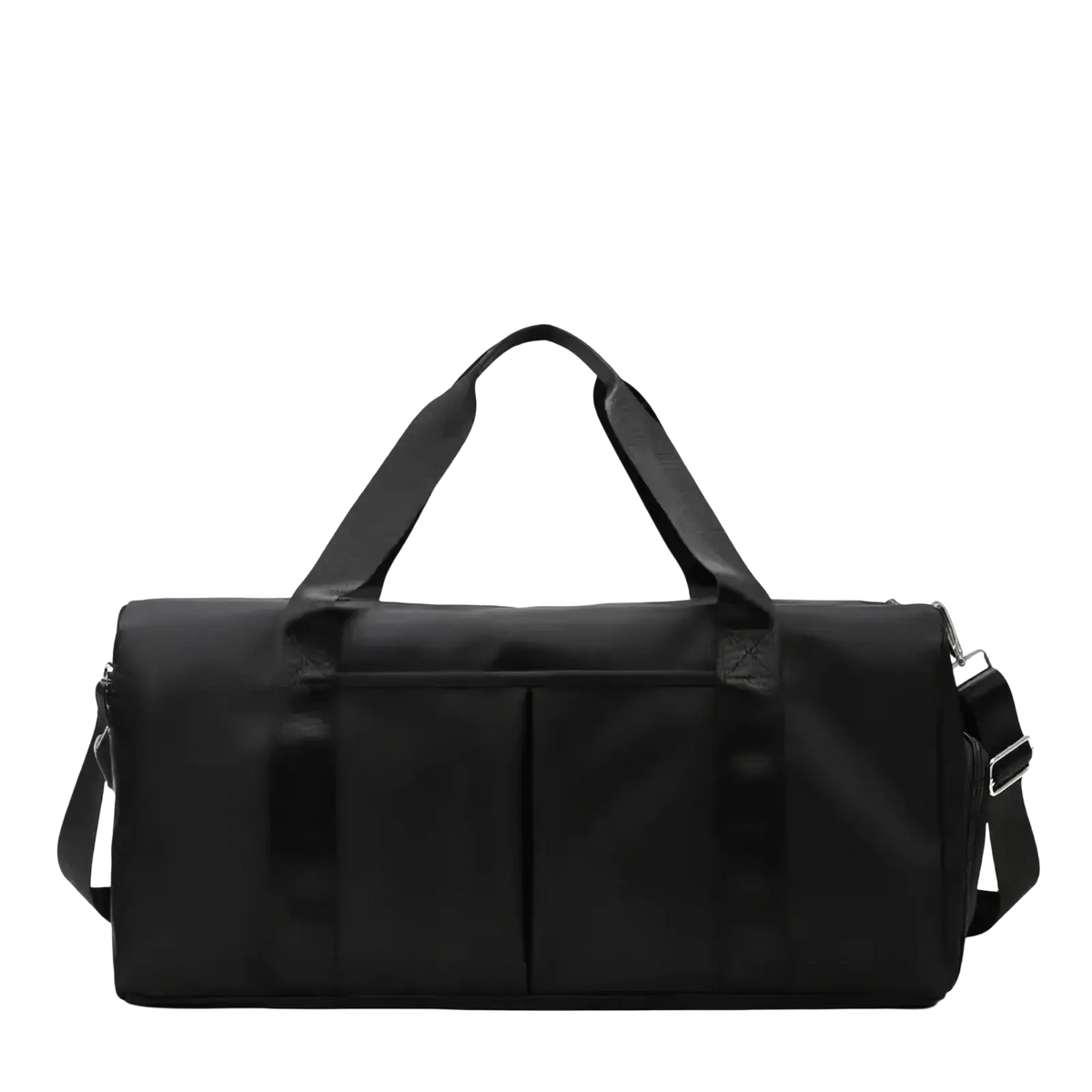 Black nylon waterproof gym duffel bag with shoe compartment dual top handles and detachable shoulder strap