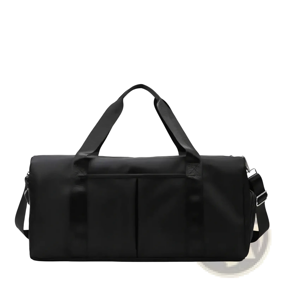 Black nylon waterproof gym duffel bag with shoe compartment dual top handles and detachable shoulder strap