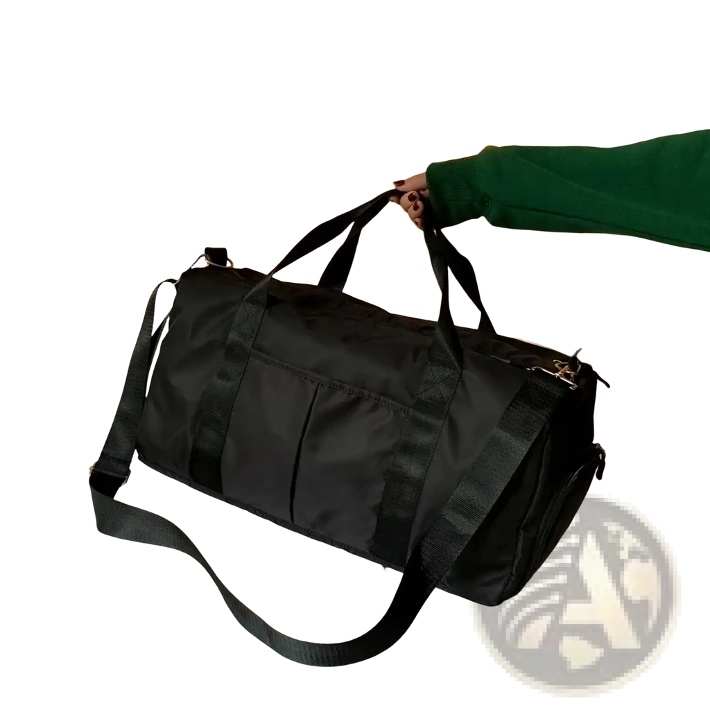 Black nylon waterproof gym bag with reinforced straps multiple pockets and shoe compartment for organized storage