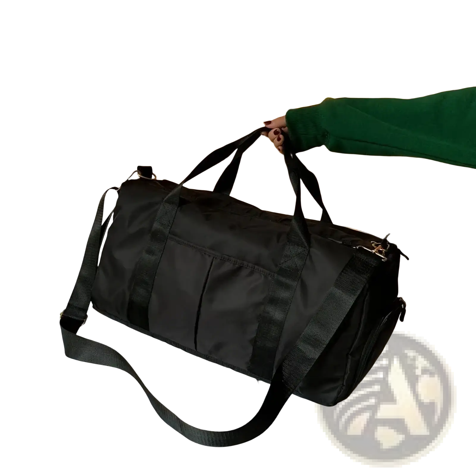 Black nylon waterproof gym bag with reinforced straps multiple pockets and shoe compartment for organized storage