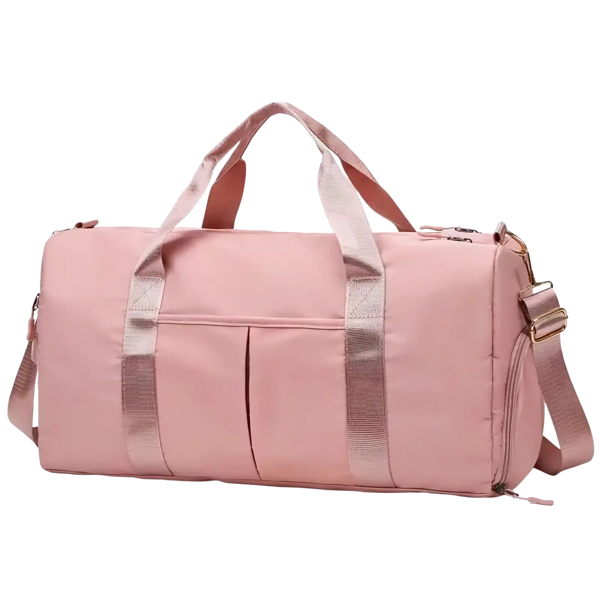 Waterproof pink gym duffel bag with rose gold accents and detachable shoulder strap featuring shoe compartment