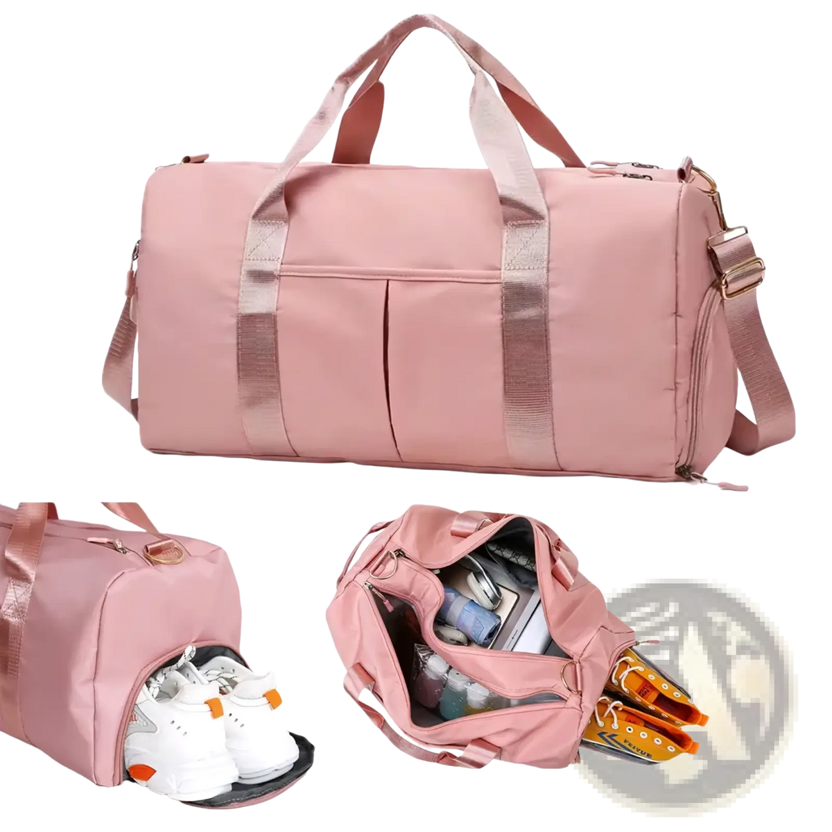 Pink waterproof gym duffel bag with metallic accent straps gold-tone hardware and shoe compartment for sports use