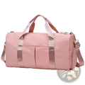 Waterproof pink gym duffel bag with rose gold accents and detachable shoulder strap featuring shoe compartment