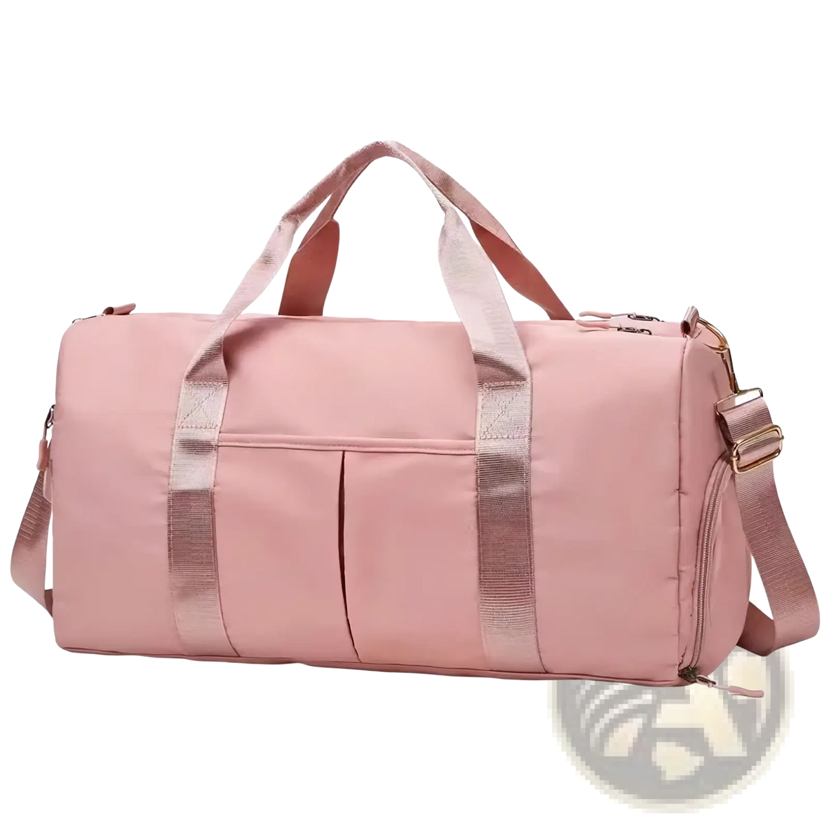 Waterproof pink gym duffel bag with rose gold accents and detachable shoulder strap featuring shoe compartment