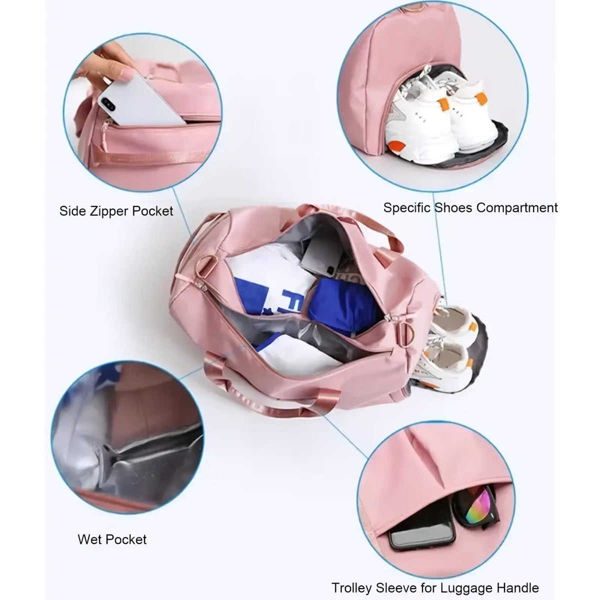 Waterproof pink nylon gym bag with multiple compartments shoe compartment and trolley sleeve for easy travel