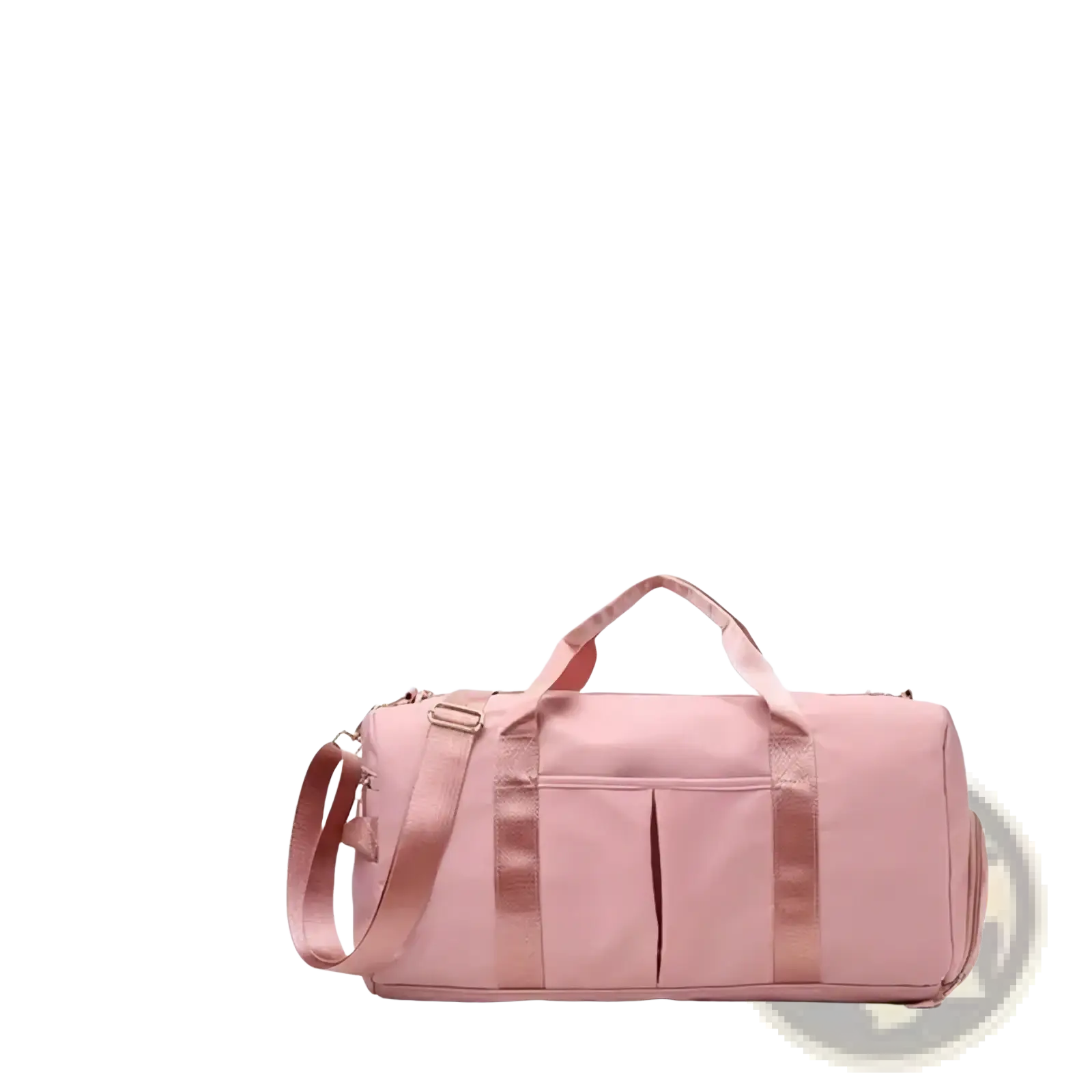 A soft pink waterproof gym bag with shoe compartment reinforced straps and multiple pockets for travel and yoga