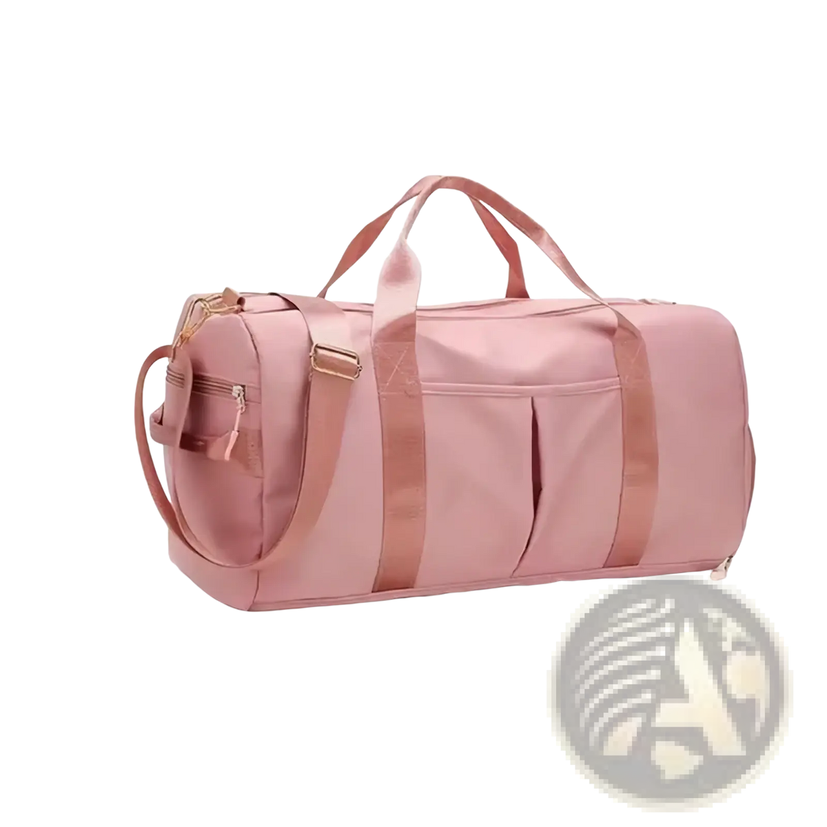 A soft pink waterproof gym bag with matching straps gold-tone zippers and a shoe compartment for easy storage