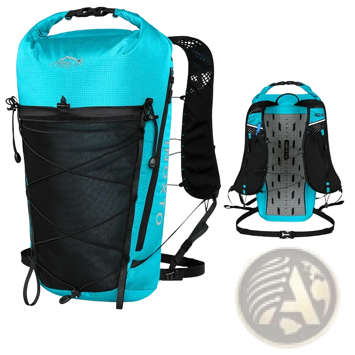 Turquoise and black waterproof hiking backpack with mesh back panel and adjustable straps shown from the back side
