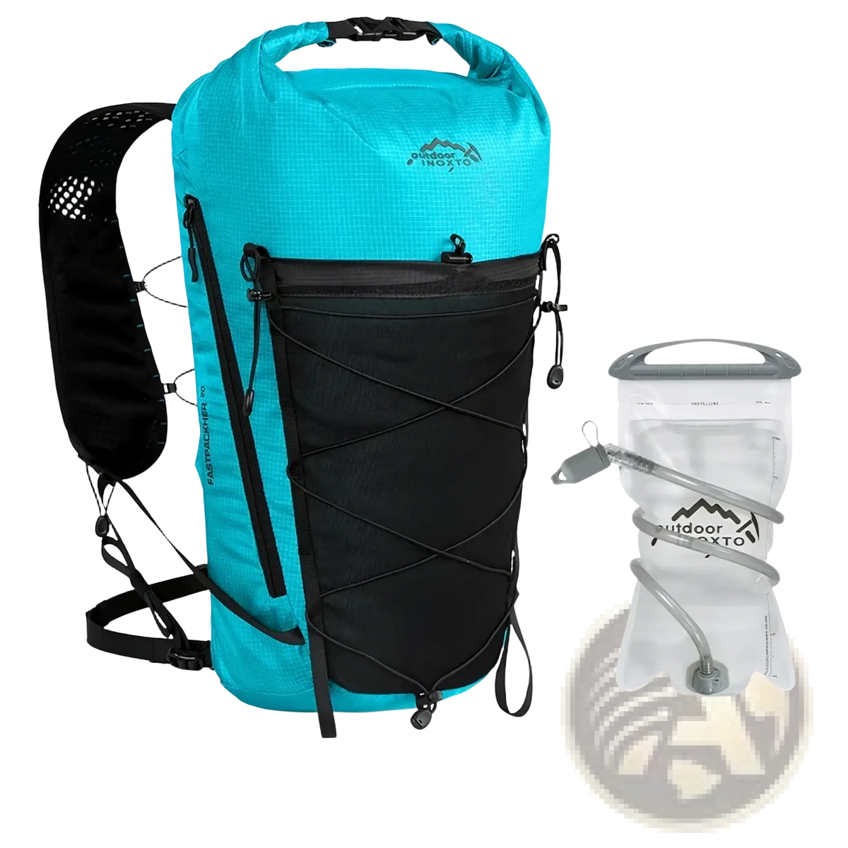 Teal and black waterproof hiking backpack with mesh back panel featuring outdoor mojo logo for lightweight travel use