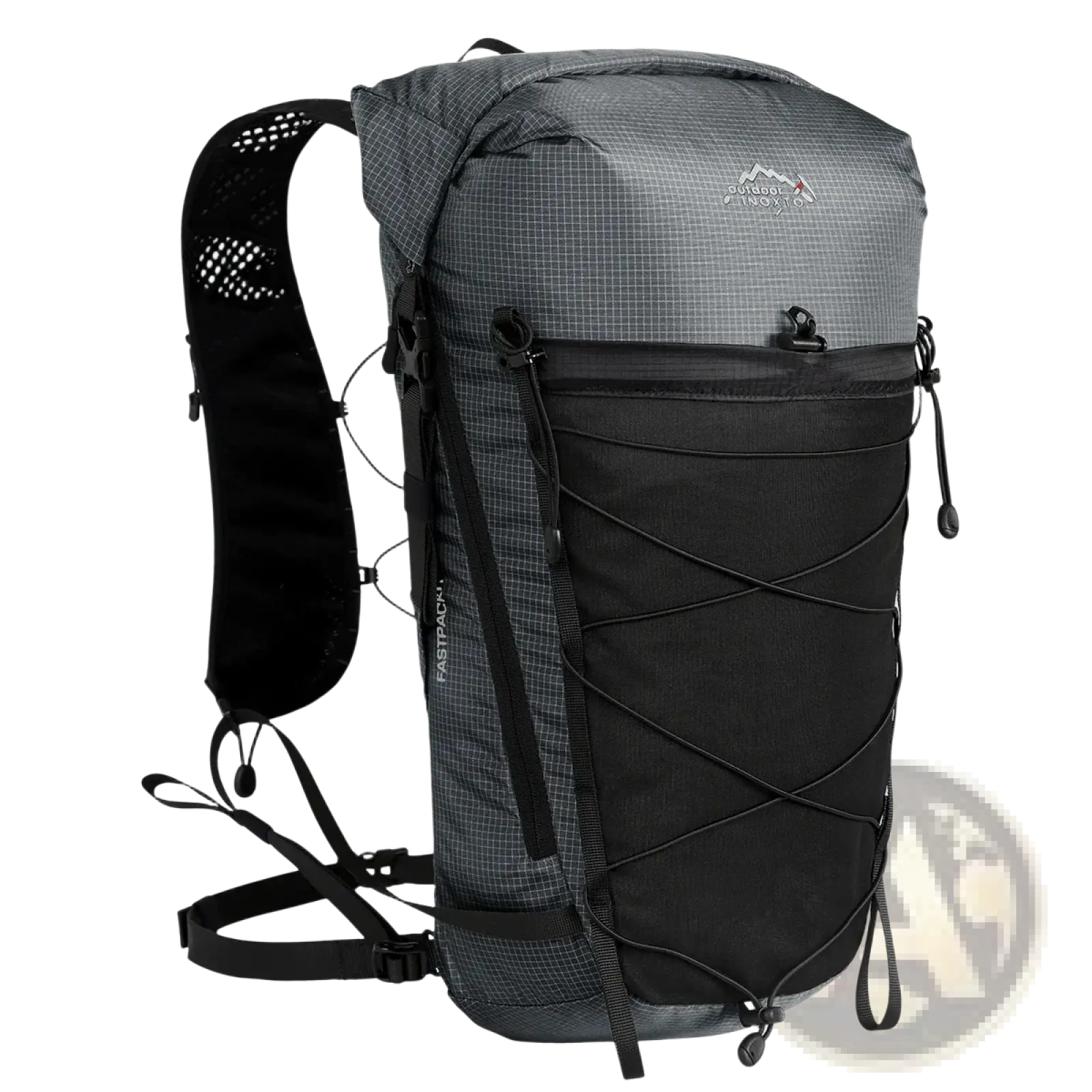 Gray and black grid-patterned waterproof hiking backpack with reinforced straps and lightweight minimalist design